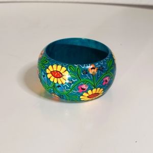 Handpainted Wooden Multicolor Floral Design Raised Bangle Bracelet